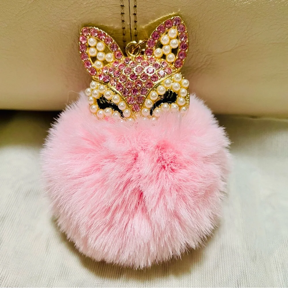 Bag Charm or Key Chain Pink Rhinestone and Pearl Fox with Pom Pom, NWOT - Picture 2 of 4